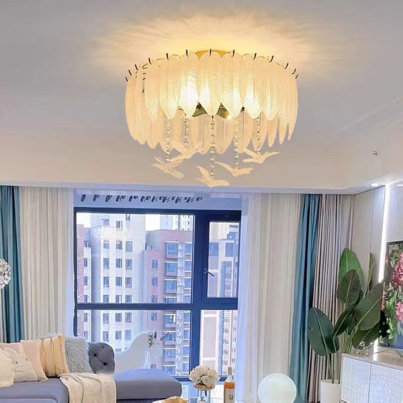 Modern Glass Ceiling Lamp Feather-shaped Flush Mount Light Fixture for Bedroom