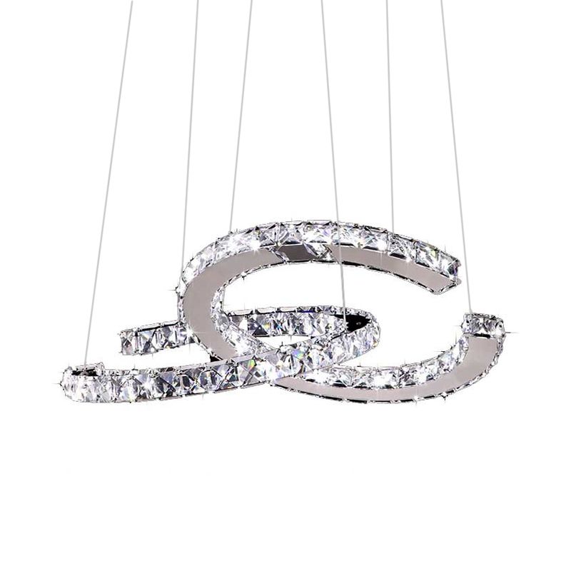 Simplicity LED Hanging Ceiling Lamp Stainless-Steel C-Shape Multi Pendant with Crystal Shade in Warm/White Light