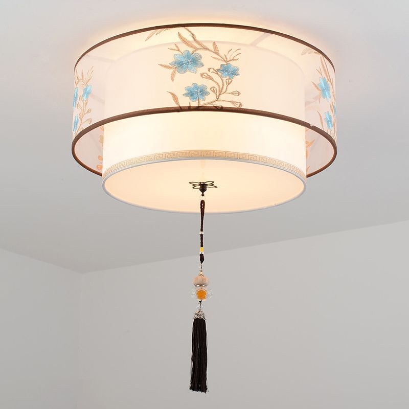 Wrought Iron White Ceiling Light in Traditional Unique Style Geometric Indoor Flush Mount with Embroidered Fabric Shade