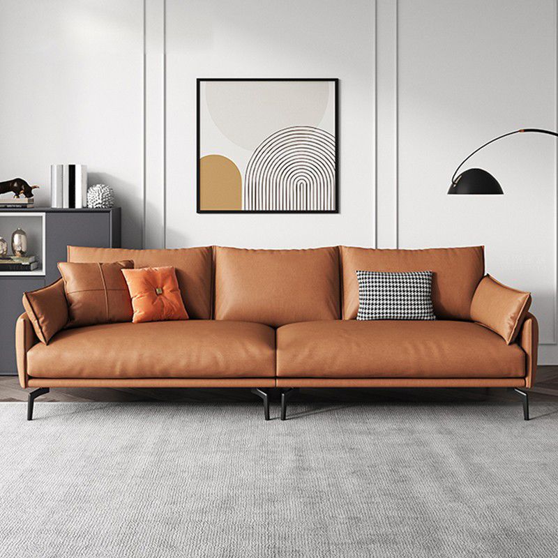 Leather Brown Settee Sofa Standard Square Arm Loveseat with Pillows