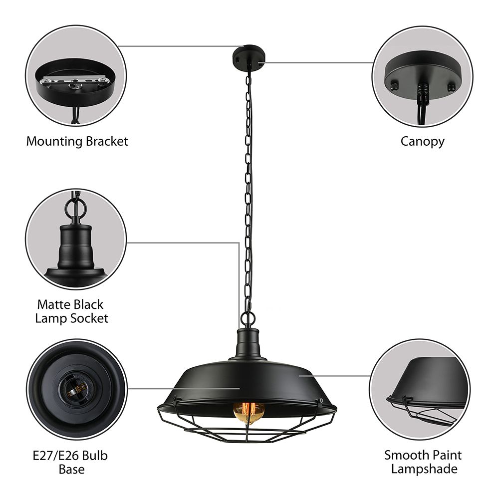 Boerderij stijlvolle schuurplafondlamp met kooi schaduw 1 bol metallic hanger lamp in zwart, 10 "/14"/18 "diameter