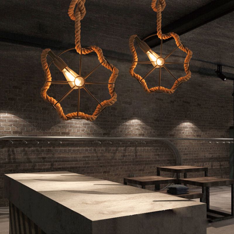 1 Accensione a sospensione a ciondolo a ruota a ruota head corda di beige industriale e luce del soffitto appesa regolabile in metallo