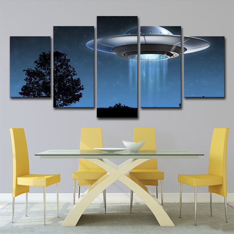 Science Fiction UFO Wall Art Boys Bedroom Canvas Print in Dark Blue, Multi-Piece