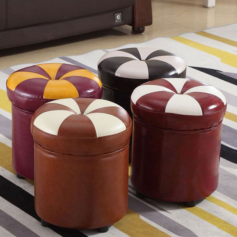 Wine Red Round Pouf Leather Color Piece Pouf for Drawing Room