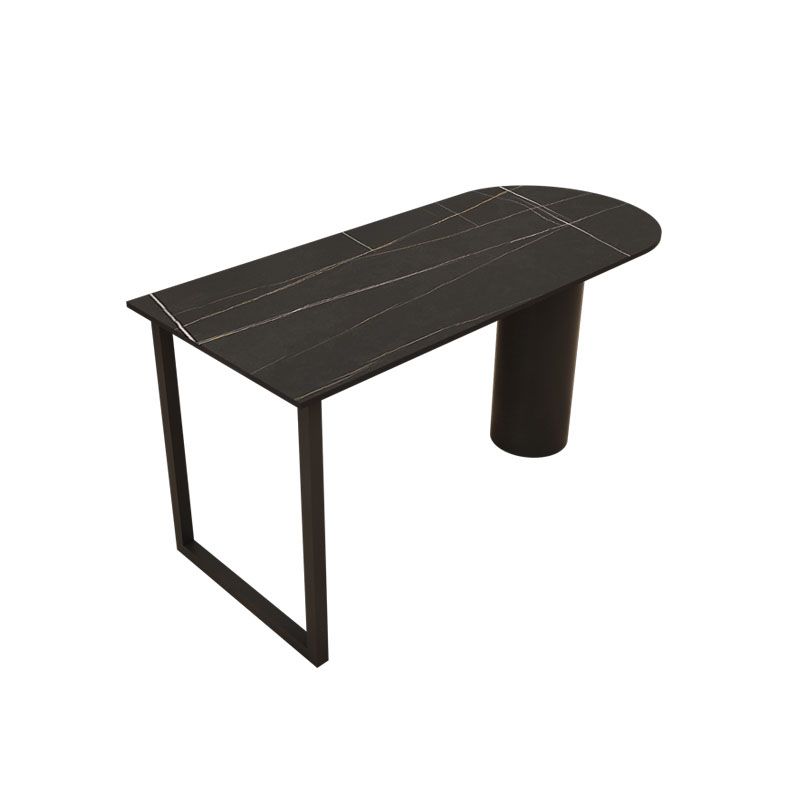 Mesa de comedor moderna de piedra y acero, mesa de comedor con pedestal doble, estructura negra