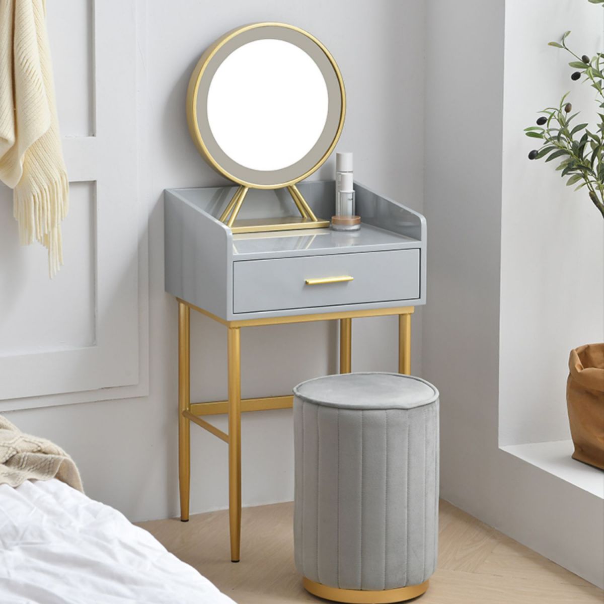 Wooden Vanity Set with 1 Drawer Luxurious Make-up Vanity in White/Grey