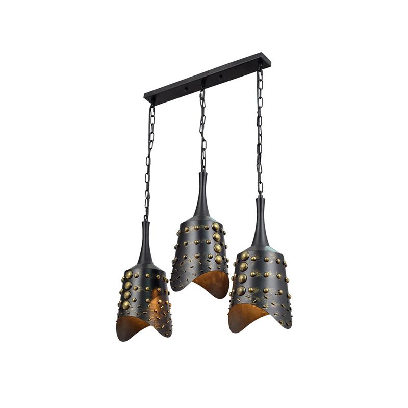 Kegel Keukencluster Pendant Factory Iron 3 koppen zwart hangend plafondlicht met ruche rand
