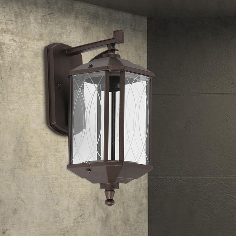 1-Head Cuboid Wall Mount Lighting Lodges Dark Coffee Clear Textured Glass Wall Sconce Lamp