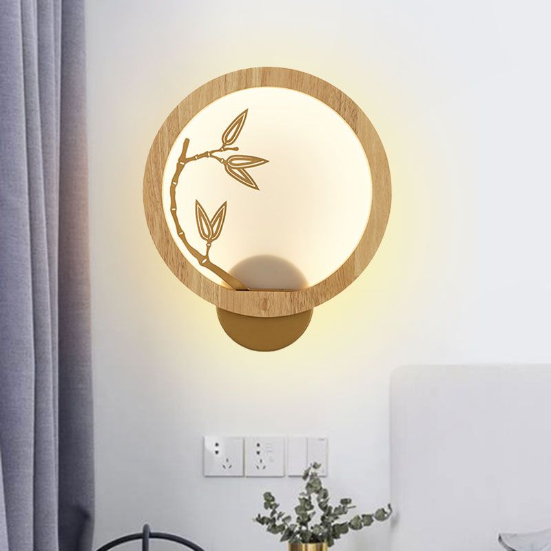Black/Beige Bamboo Leaf Mural Lamp Chinese Style Wood LED Wall Mount Light Fixture for Bedroom