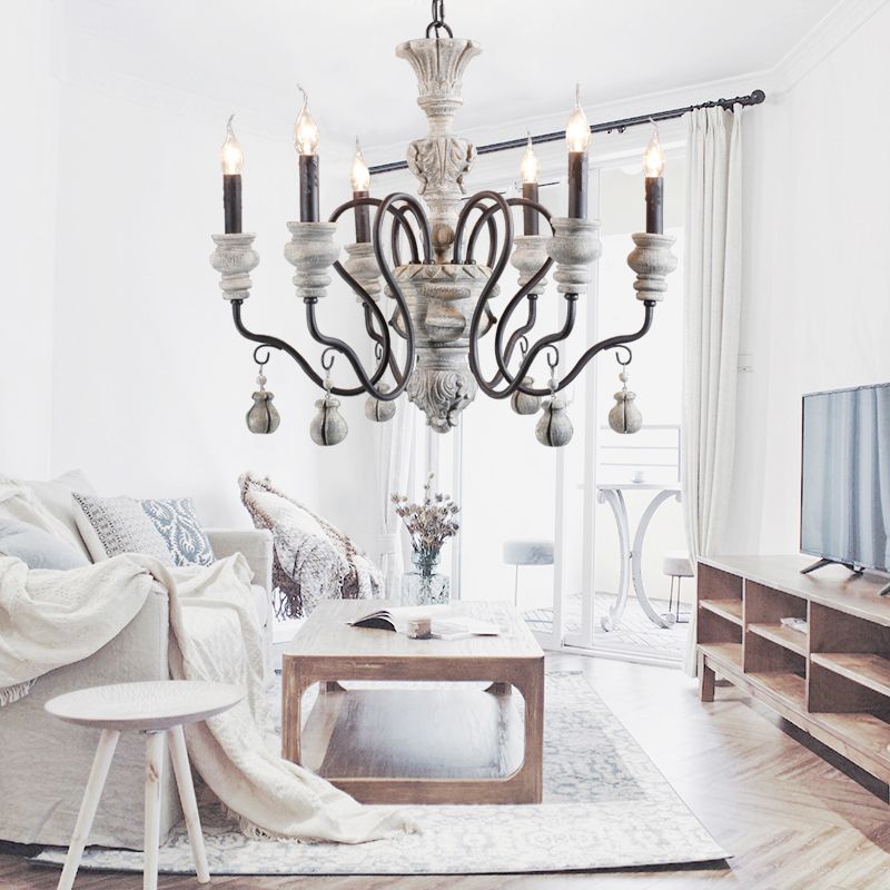 Rustic Style Traditional Candlestick Styling Chandelier Hand-carved Resin Suspension Lighting Fixture for Dining Room