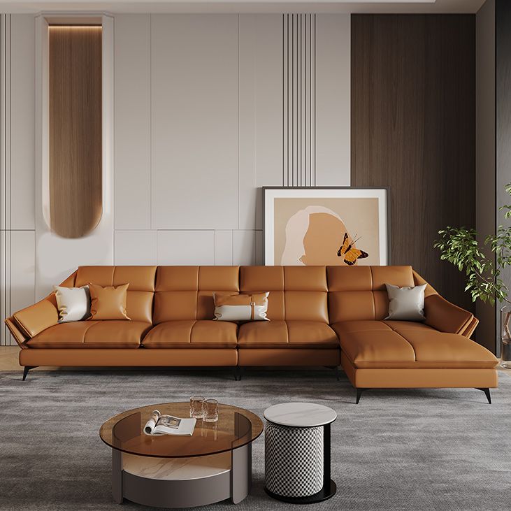 Contemporary Sectional Sofa Orange Genuine Leather Sectional