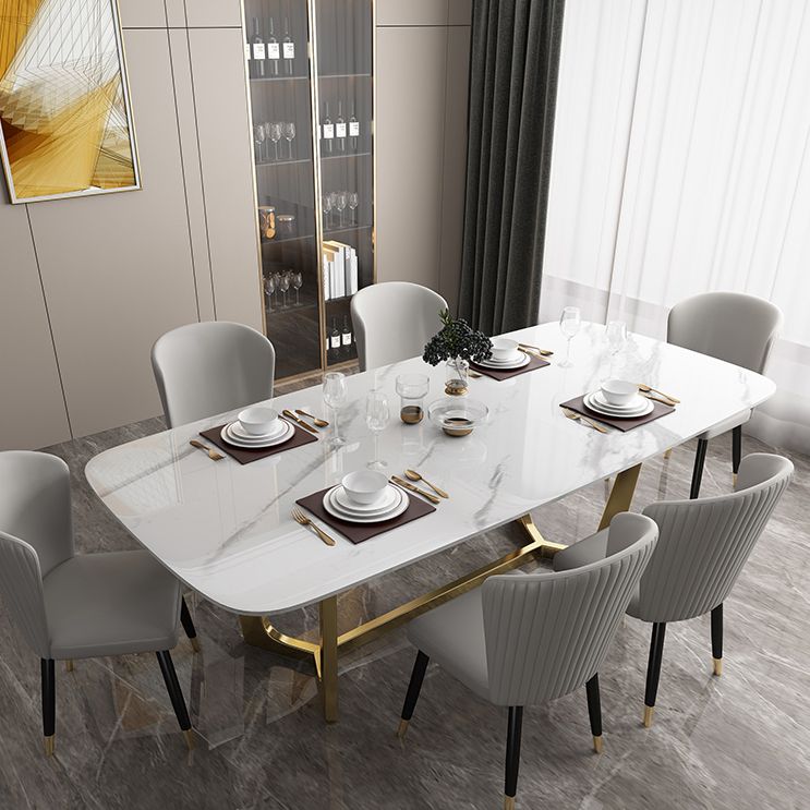Luxury Sintered Stone Top Table Rectangle Table with Trestle Base in Gold