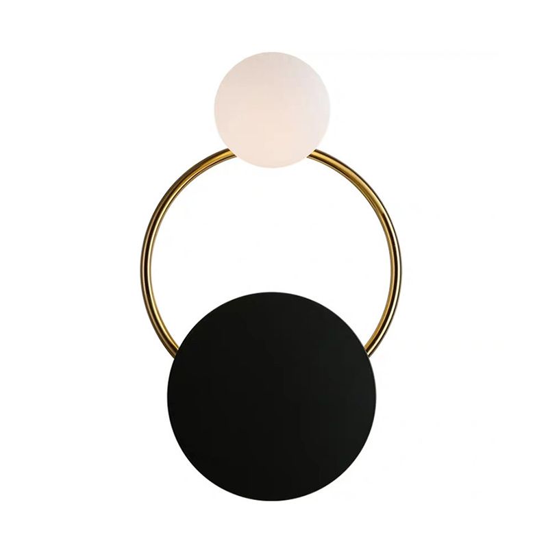 2-Bulb Opaline Glass Wall Light Vintage Style Black Globe Bedroom Wall Sconce with Round Backplate