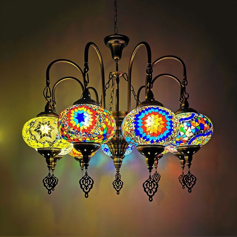 9 Heads Oval Ceiling Pendant Light Vintage Yellow/Green Hand Cut Glass Chandelier Lighting