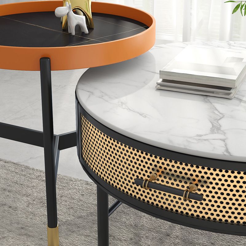 Luxurious Slate Round Top Coffee Table Set with Storage Drawer