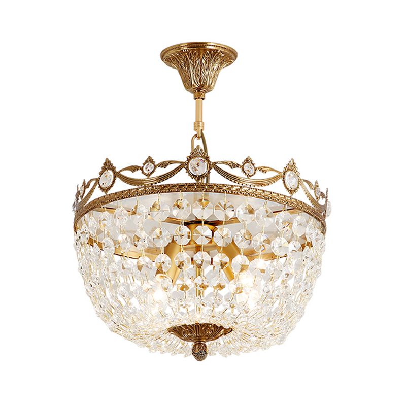 Traditional Bowl Hanging Chandelier Crystal 4 Bulbs Suspension Light in Brass for Hallway