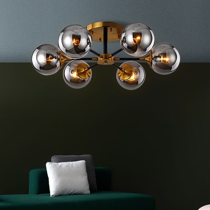 Postmodern Radial Smoke Glass Semi Flush 3/6 Heads Flush Mount Ceiling Chandelier in Brass and Black