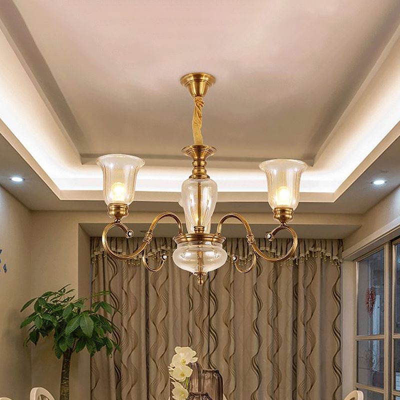 Bell Living Room Chandelier Lamp Farmhouse Verre transparent 3/6/8 LUMIÈRES ÉCLAIRES SUSPENSION DE LASS AVEC METAL BRAU