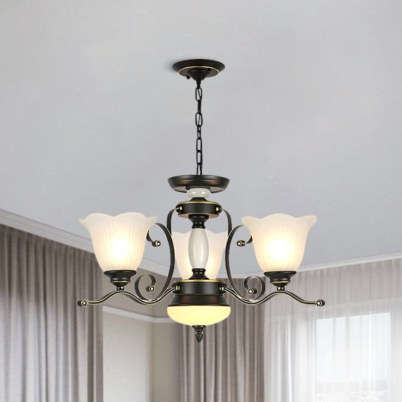3/6 Heads Blossom Chandelier Lamp Traditional Black Opaline Glass Suspension Lighting with Scroll Arm