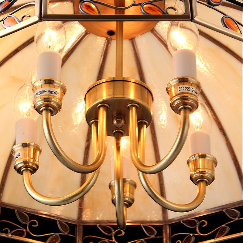 Funzione dell'illuminazione del lampadario a cupola coloniale 5 teste 5 teste a sospensione in vetro luce in oro per sala da pranzo