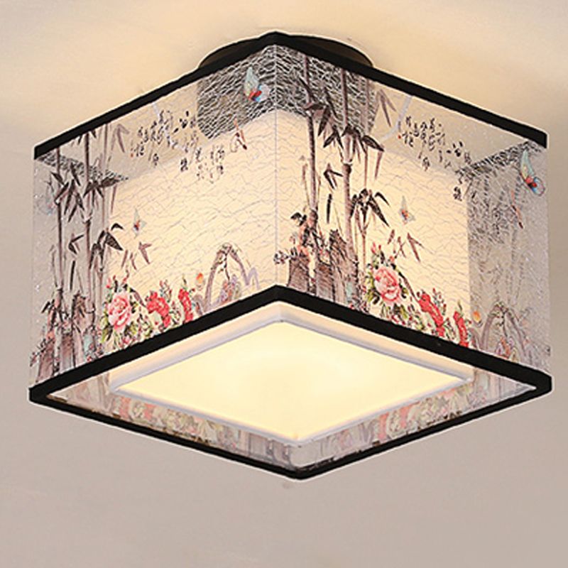 Square/Drum Shape Chinese Style Fabric Flush Mount Light Fixture for Living Room Dinning Room