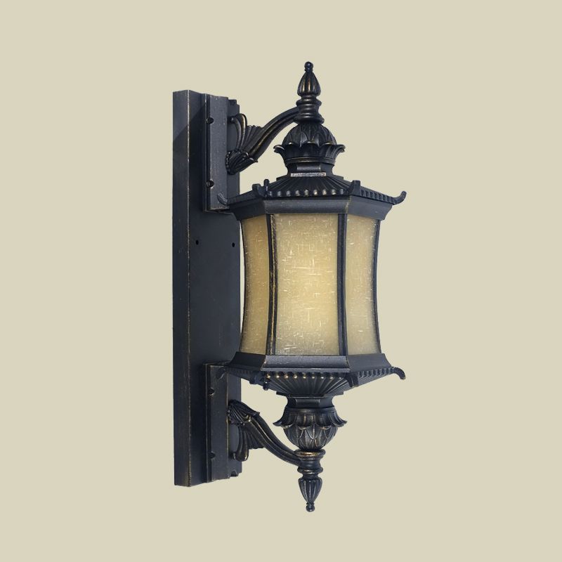 Countryside Lantern Wall Light Sconce 1-Head Frosted Glass Wall Mounted Lamp in Black for Yard