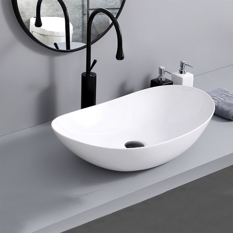 Contemporary Bathroom Sink with Single Faucet Hole Solid Color Oval-Shape Vessel Sink