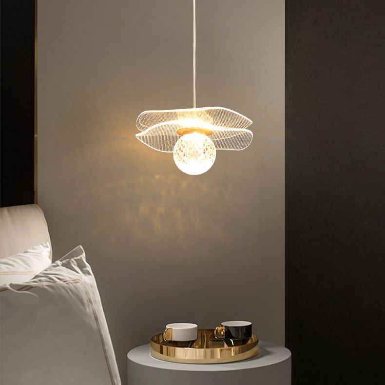 Acrylic Lotus Shaped Suspension Lamp Artistic Minimalist Brass LED Hanging Light for Bedroom