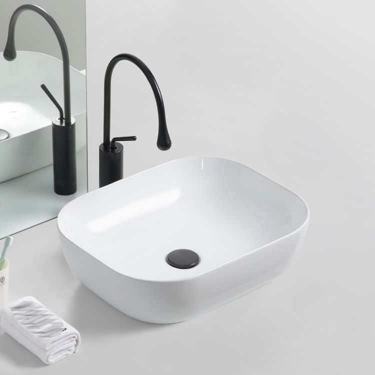 Contemporary Bathroom Sink Porcelain Solid Color Rectangular Vessel with Pop-Up Drain