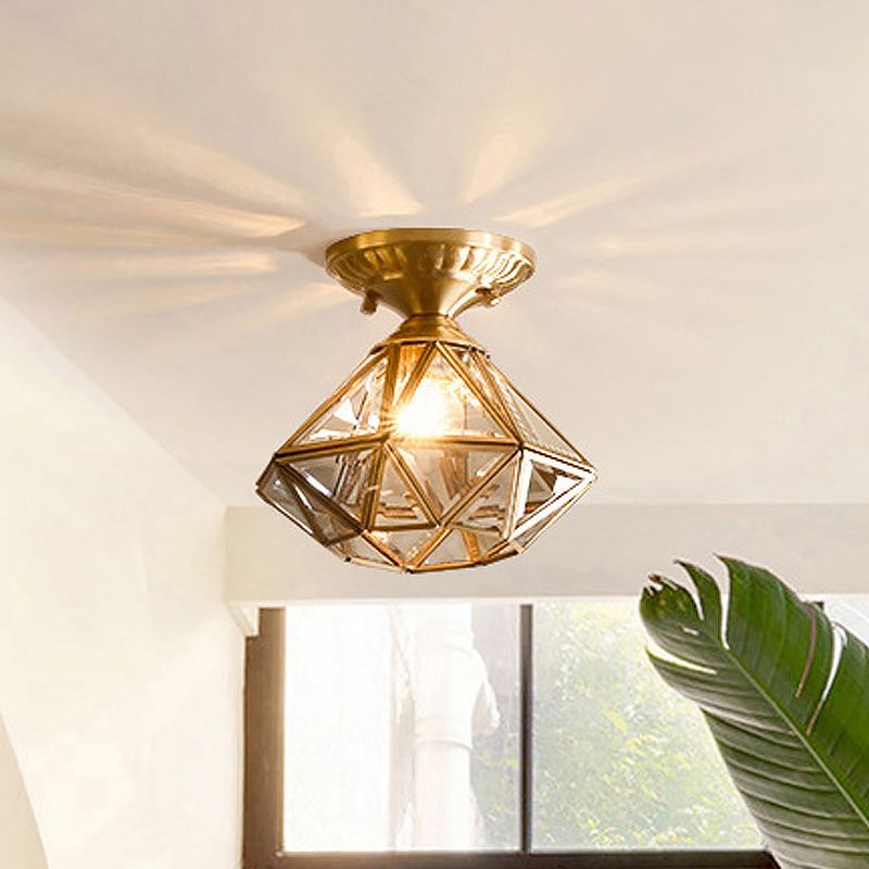 Plafonnier de chambre à coucher diamant/étoile encastré traditionnel en verre transparent à 1 lumière en laiton