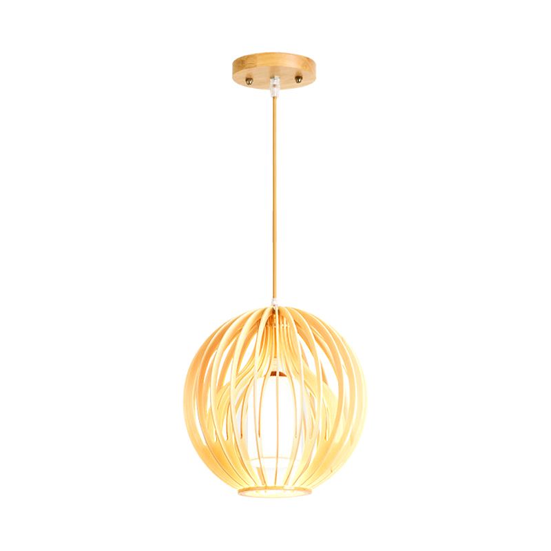 Asia Style 2-Layer Cage Pendant Wooden 1 Head Dining Room Ceiling Light in Beige with Interior Fabric Shade