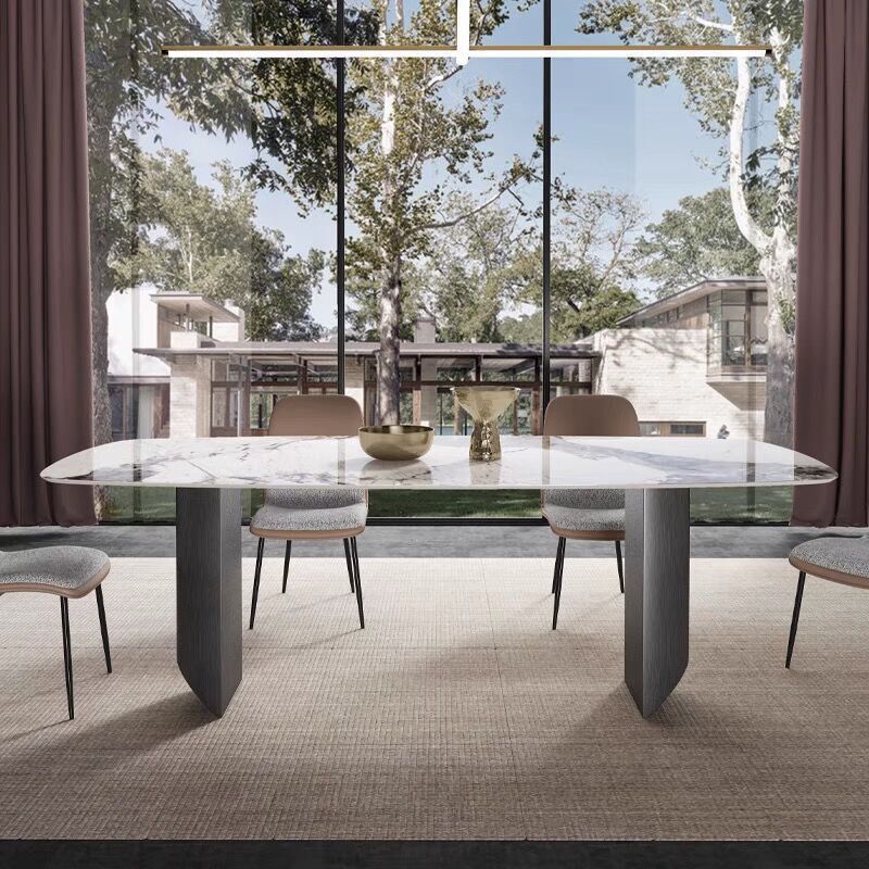 Rectangle Sintered Stone Top Table Modern Grey Metal Base Table