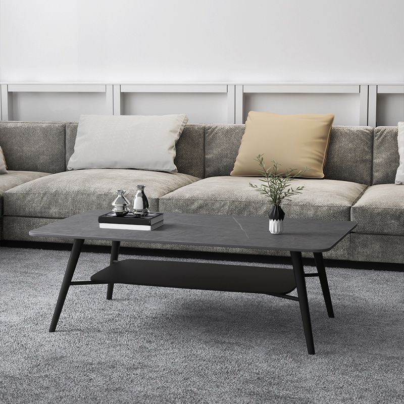 Cross Legs Rectangular Slate Coffee Cocktail Table in Gray with Shelf