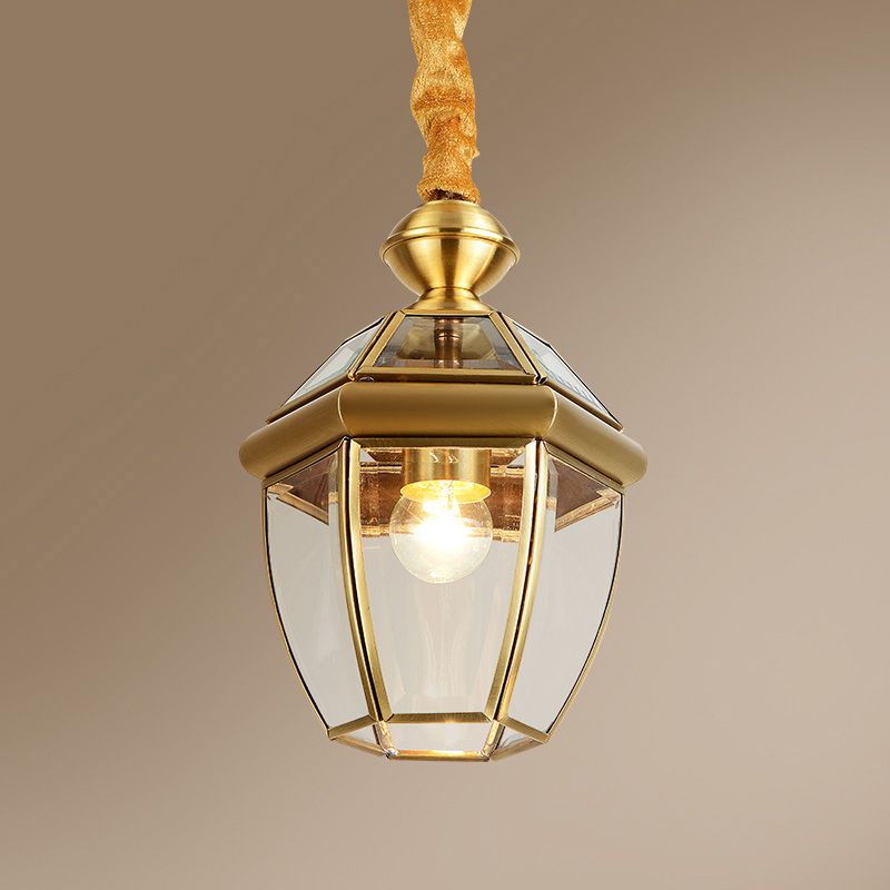 Hexagonal Clear Glass Lantern Pendant Retro 1-Light Foyer Hanging Lamp Kit in Gold