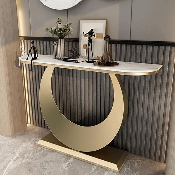 Glam Half Moon Console Table 11.81" W Stone Accent Table with Abstract Base
