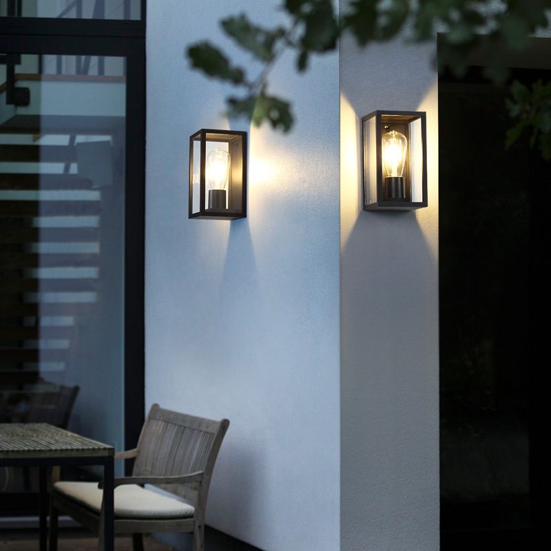 Box Patio Wall Lighting Fixture Transparent Glass 1 Bulb Modern Wall Sconce in Black