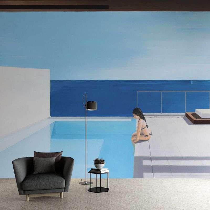 Whole Art Deco Wallpaper Murals Blue-White Sit Alone in Pool Drawing Wall Covering, Size Optional