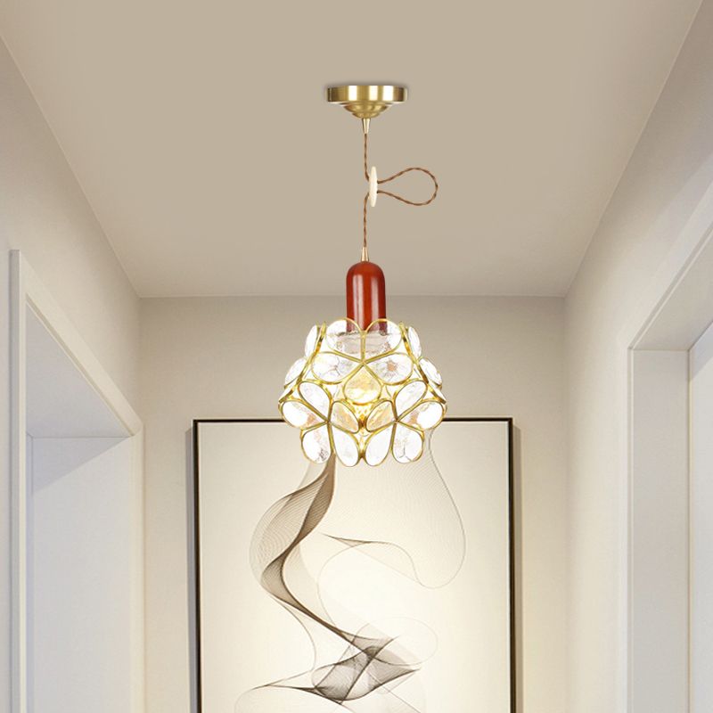 Flower Clear Water Glass Pendant Traditional 1 Bulb Bedroom Ceiling Suspension Lamp in Gold with Wood Top