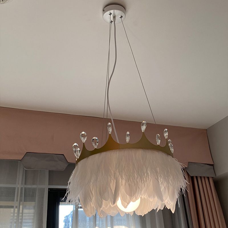 Crown Child Room Chandelier Lamp Feather 1 Bulb Minimalist Pendant Lighting in White with Crystal Accents