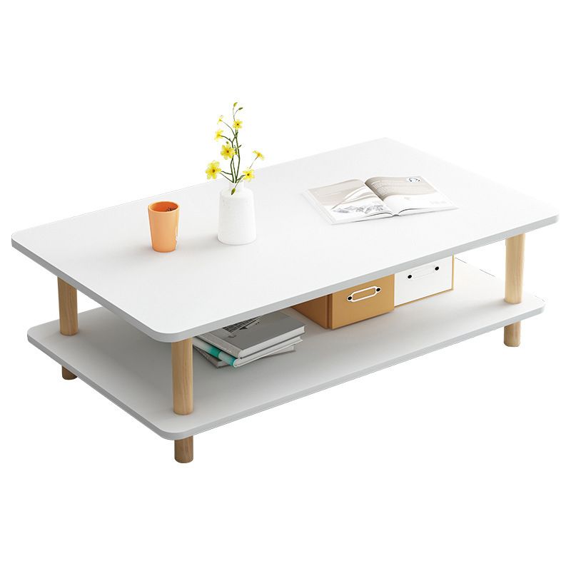 17" H Modern Rectangle Wooden Coffee Table 4 Legs Cocktail Table with Shelf