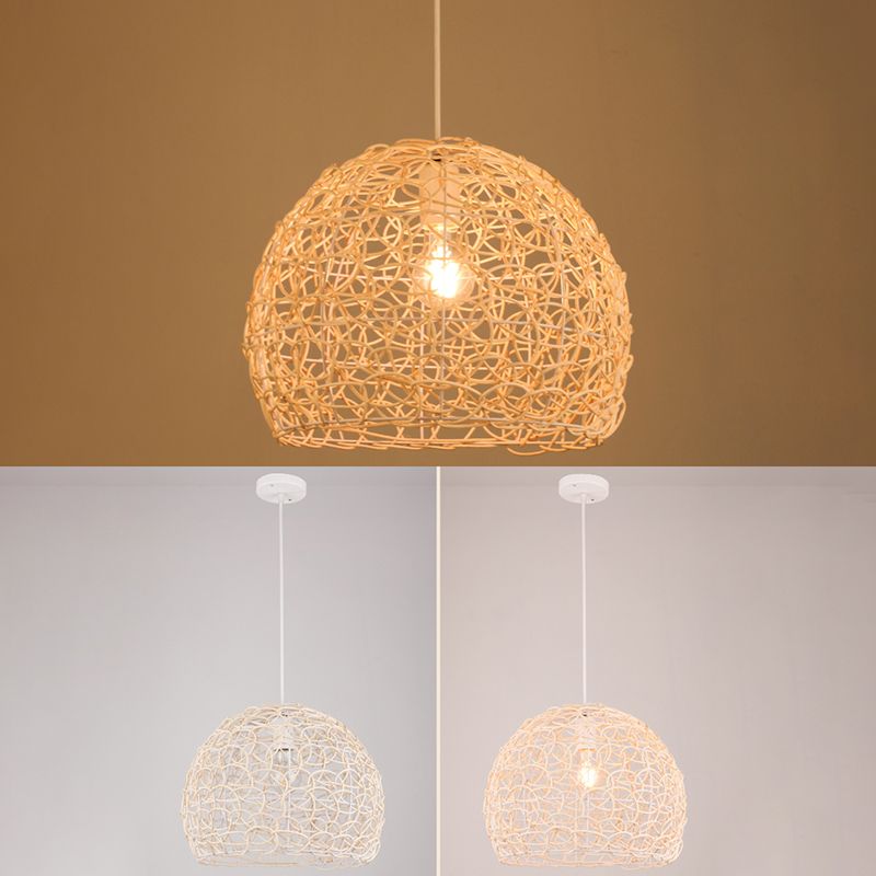 Asian Pendant Lighting Fixture 1-Light Beige Hanging Lamp Kit with Rattan Shade