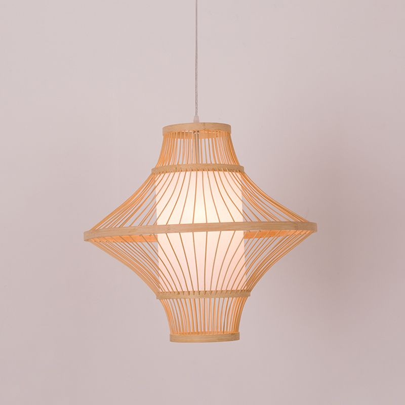 Flying Saucer Bamboo Ceiling Light Asia 1 Head Wood Suspended Lighting Fixture with Cylinder White Parchment Shade