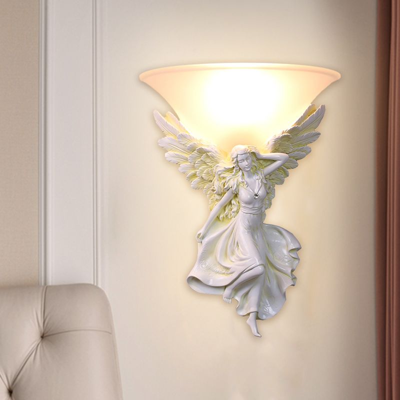Frosted Glass Bell Shade Wall Lighting Traditional 1 Bulb Corridor Wall Light Sconce with Resin White/Gold Angel Backplate, Right/Left