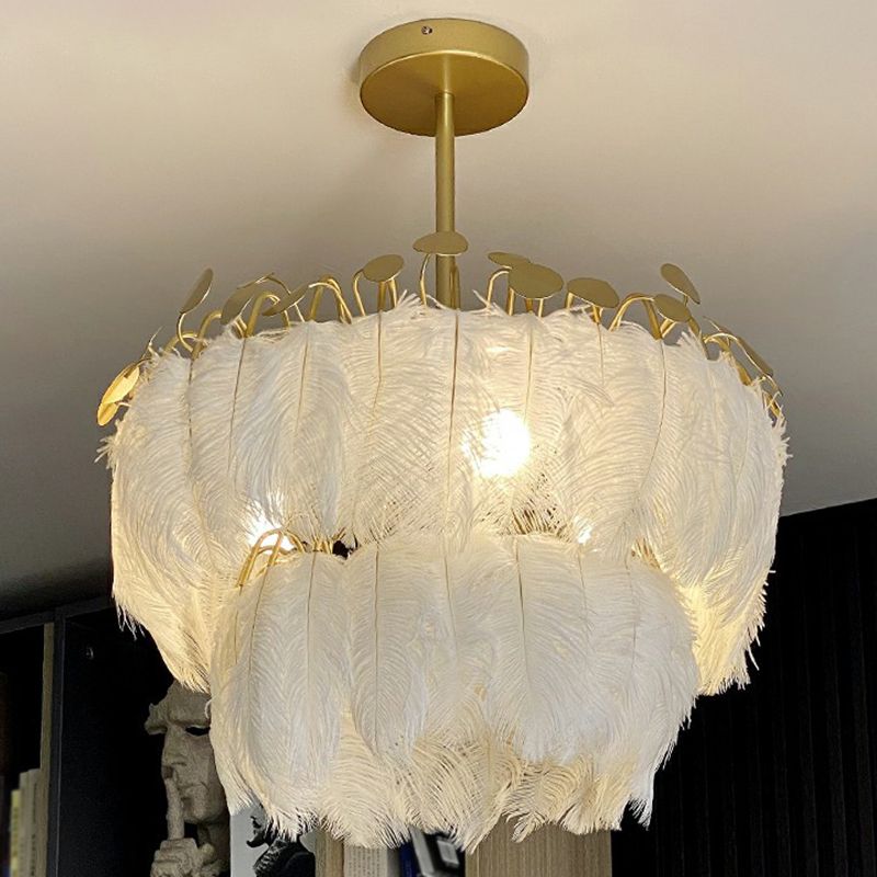 Round Shaped Feather Ceiling Light Modern Style White Hanging Pendant Light for Living Room