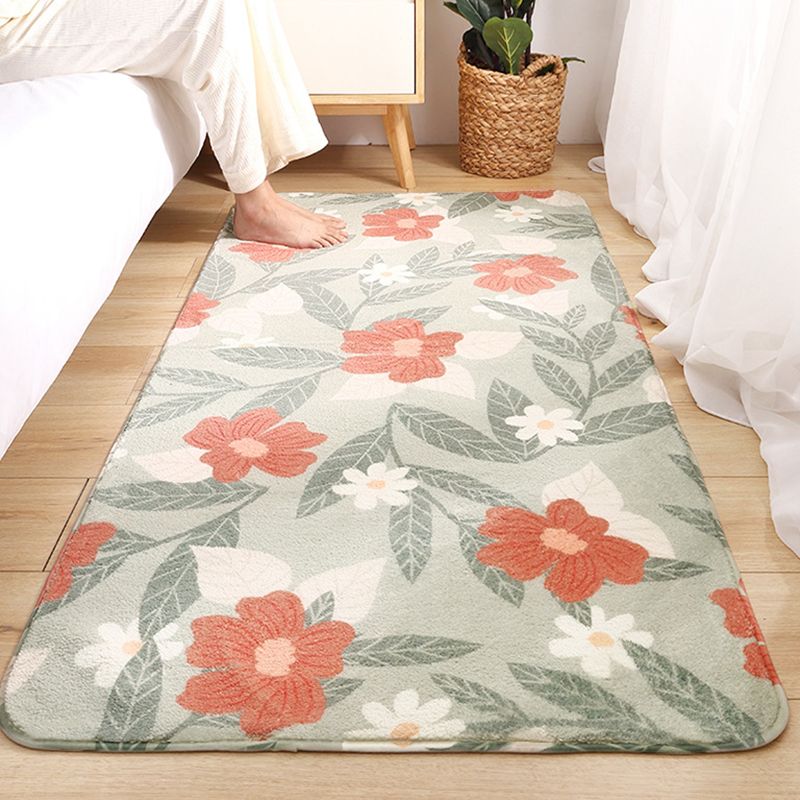 Green Modern Rug Polyester Flower Area Rug Washable Rug for Living Room