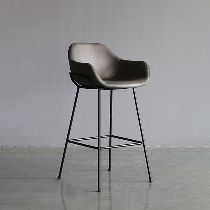 Contemporary Leather Armed Barstool Matte Finish Footrest Low Back Stool