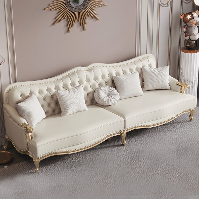 Beige Mid-Century Modern Sofa Tufted Genuine Leather Recessed Arm Sofa