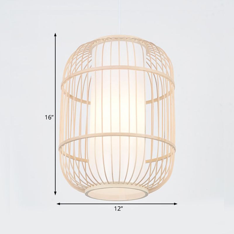 Asian Style Cylinder Shade Hanging Lamp Bamboo 1 Head Living Room Ceiling Fixture in Beige, 16"/19.5" W