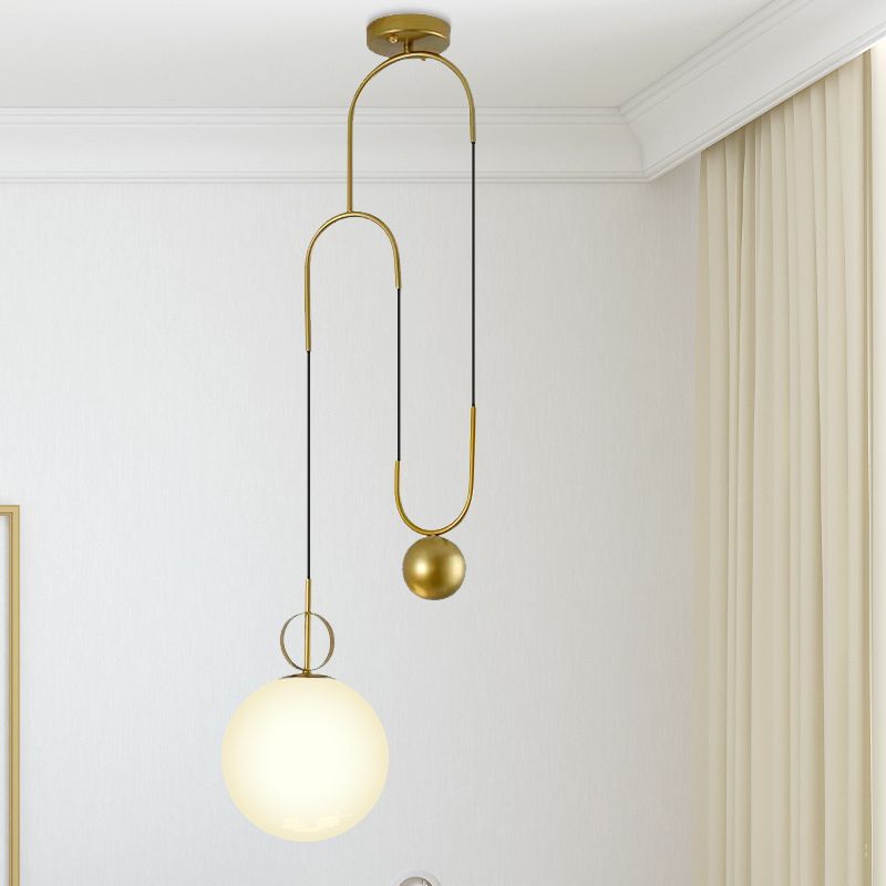 Sphere Pendant Light Modern White Glass 1 Head Bedroom Hanging Light Fixture in Gold