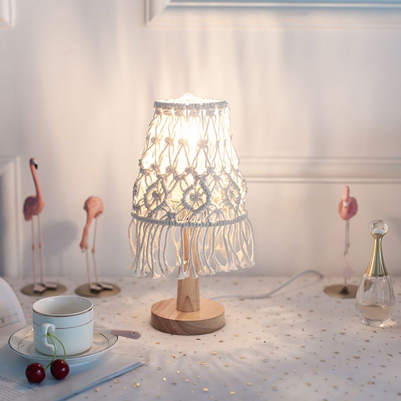 Geel kegel nachtkastje verlichting landelijk touw 1 lichte slaapkamer nachtlampje met houten basis